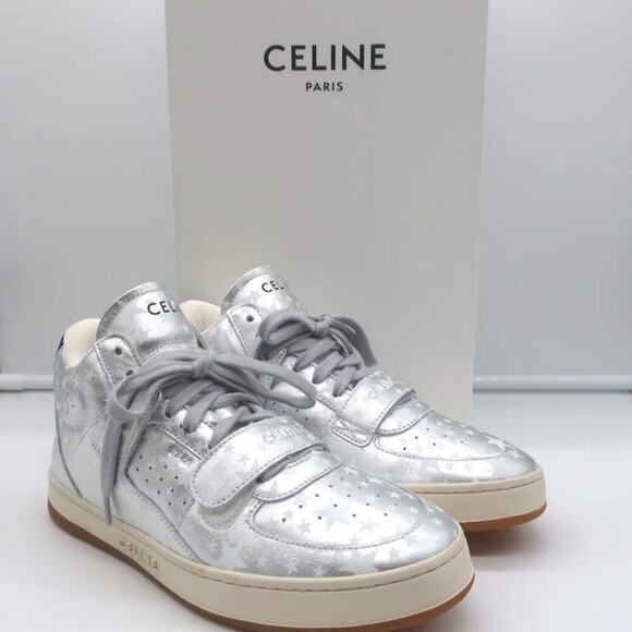 Celine Shoes - Celine CT-02 Scratch Sneakers Star Print Metallic Silver Leather Size 37